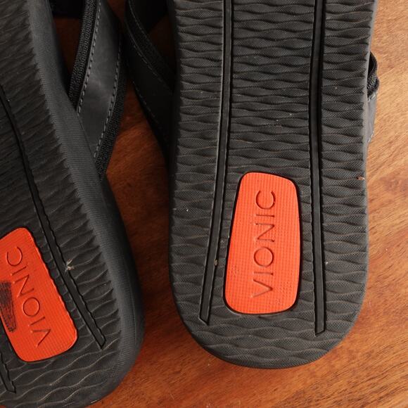 Vionic Sandals Mens Size 14 BLK Tide Leather Thong Flip Flop Comfort Beach Shoes